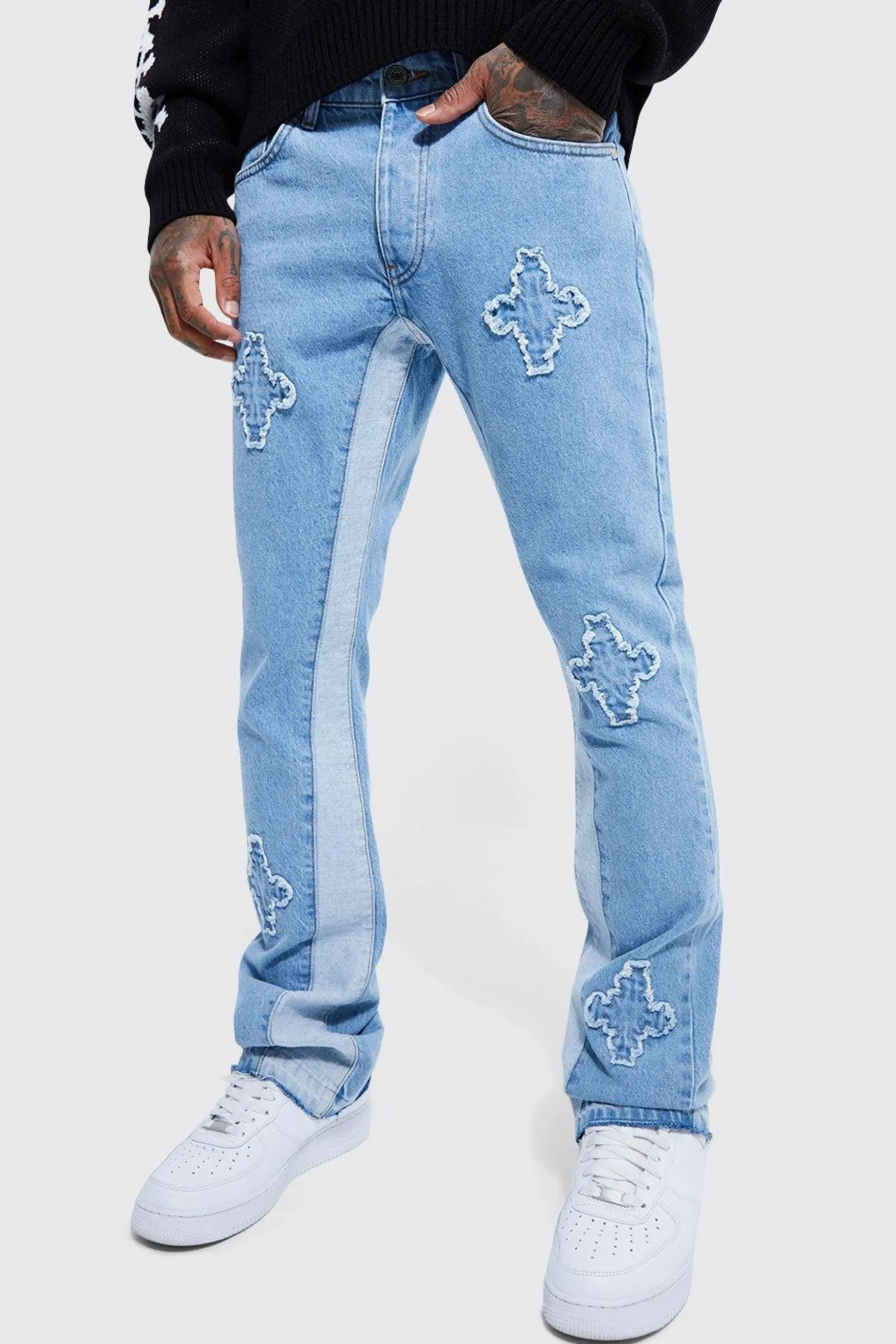 Slim Rigid Panelled Applique Flare Jeans | BoohooMAN UK