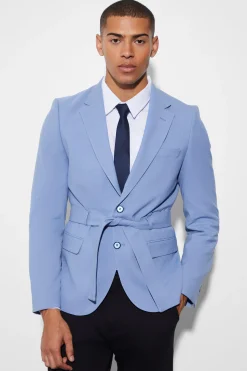 Slim Single Breasted Blazer With Belt | BoohooMAN UK