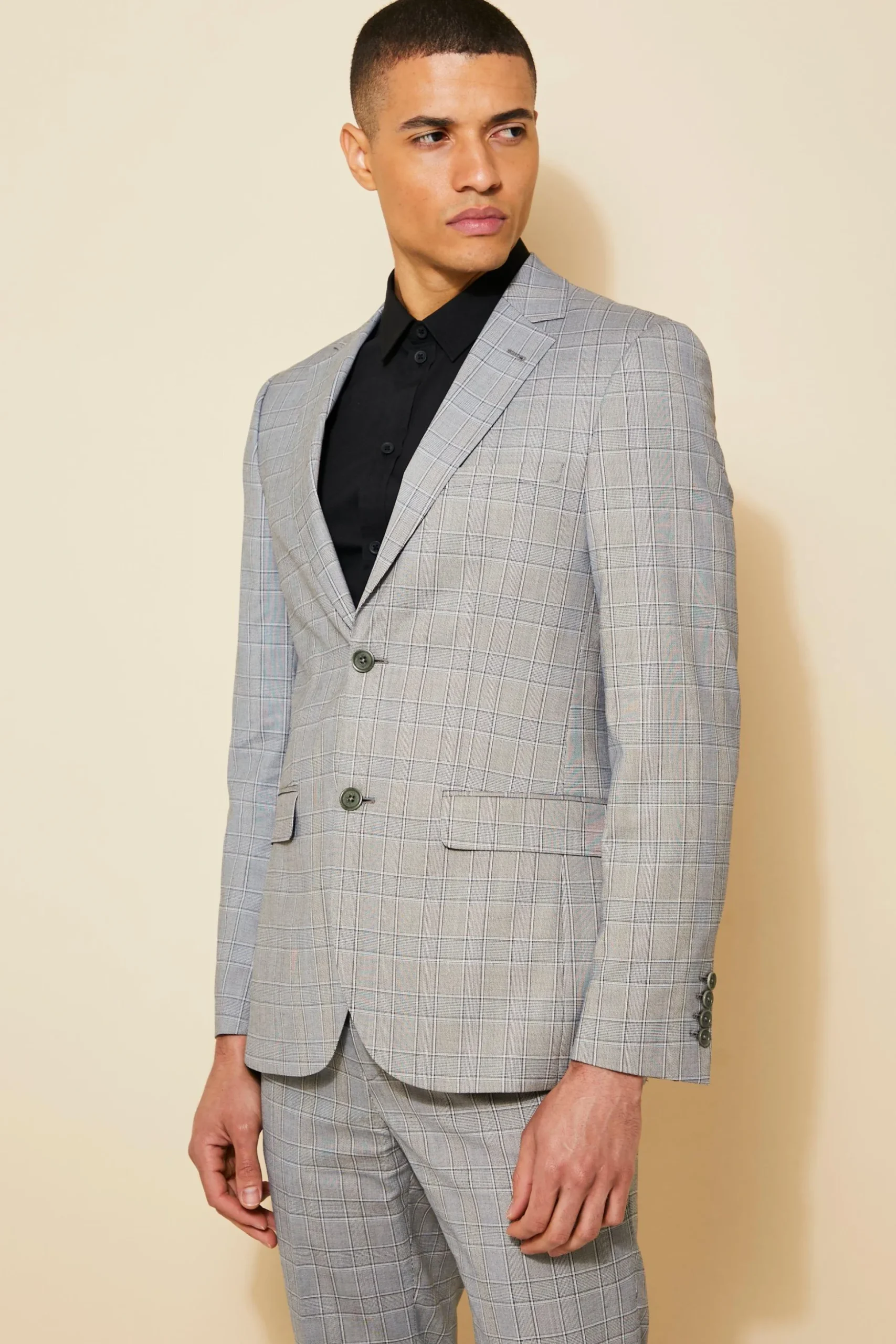 Slim Single Breasted Check Suit Jacket | BoohooMAN UK
