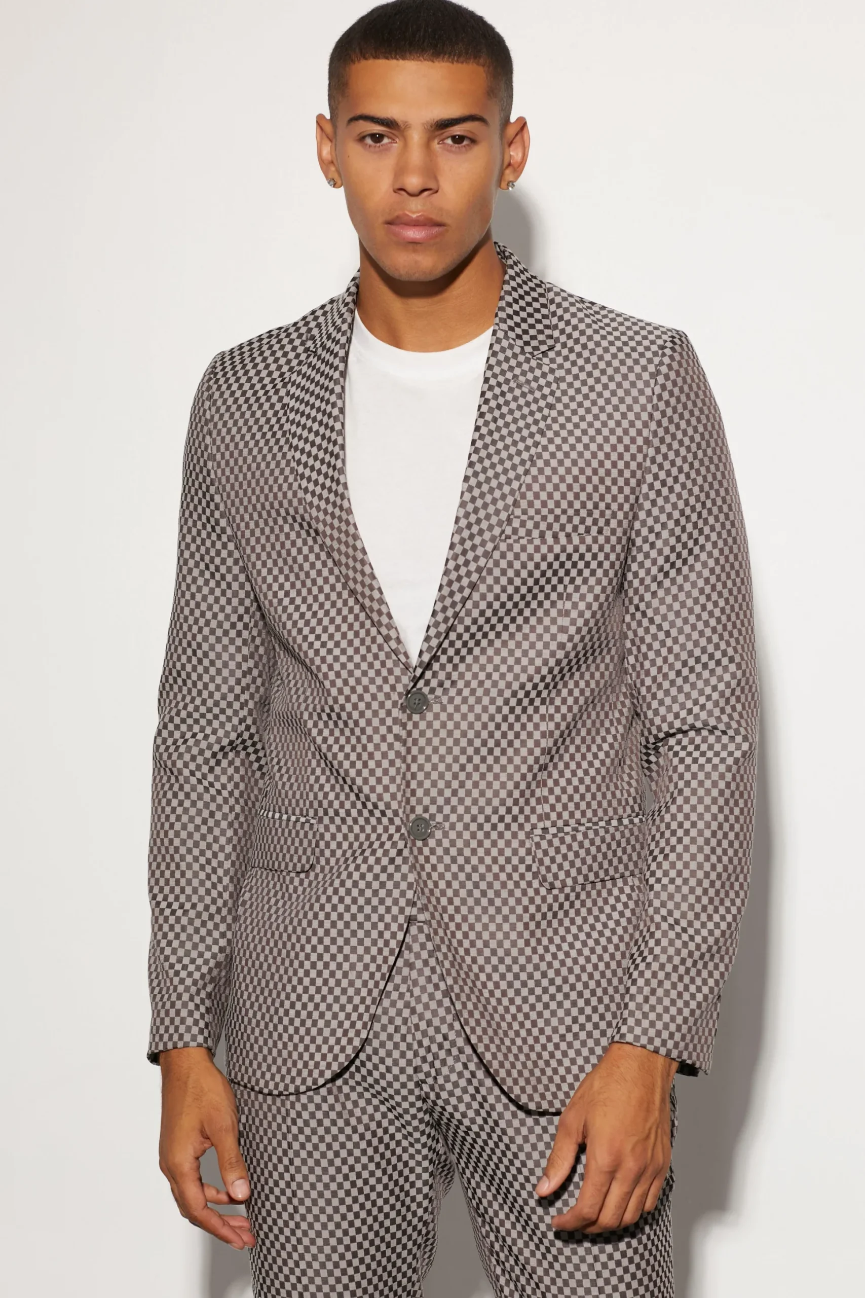 Slim Single Breasted Checkerboard Suit Jacket | BoohooMAN UK