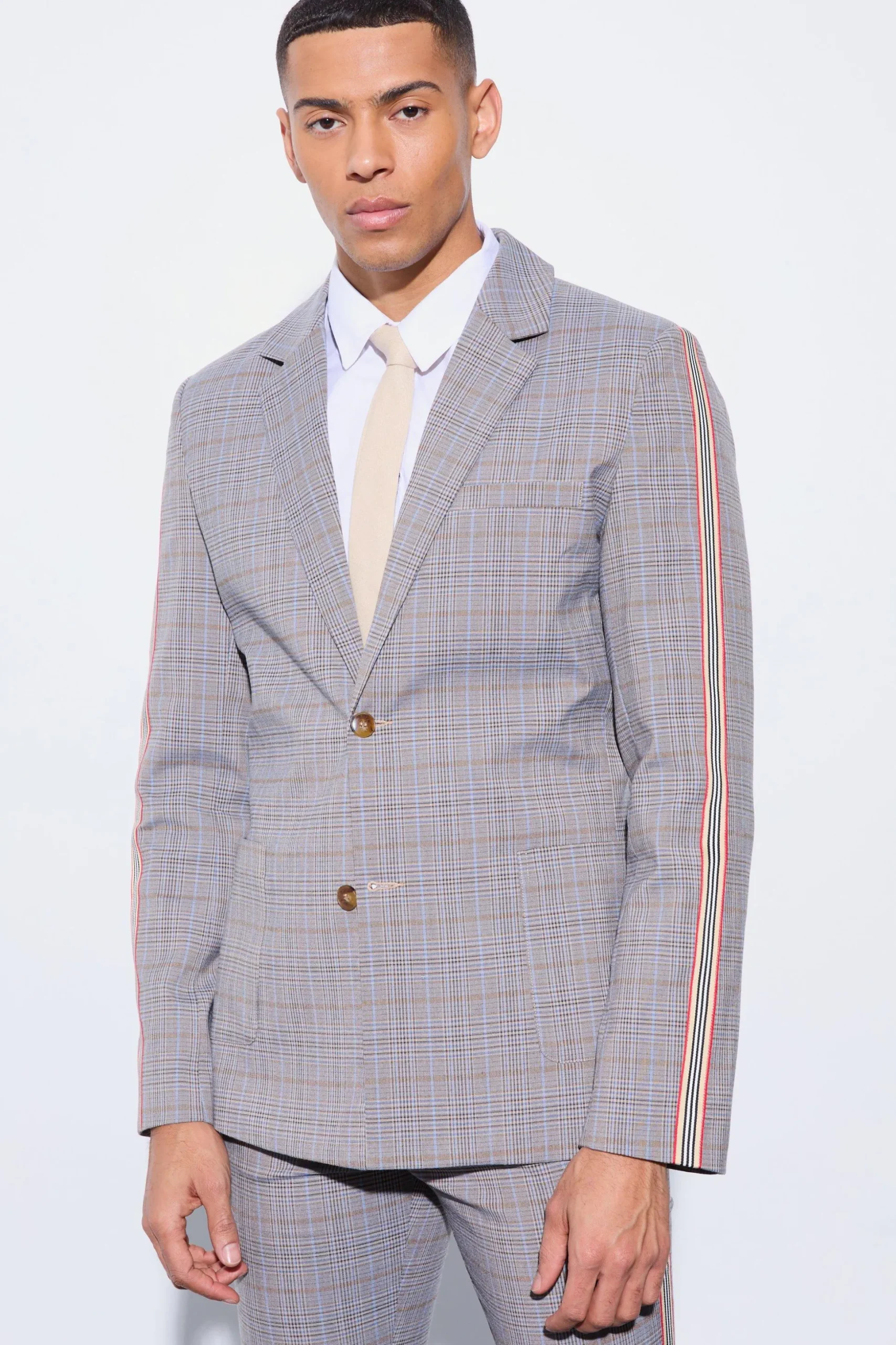 Slim Single Breasted Check Blazer | BoohooMAN UK