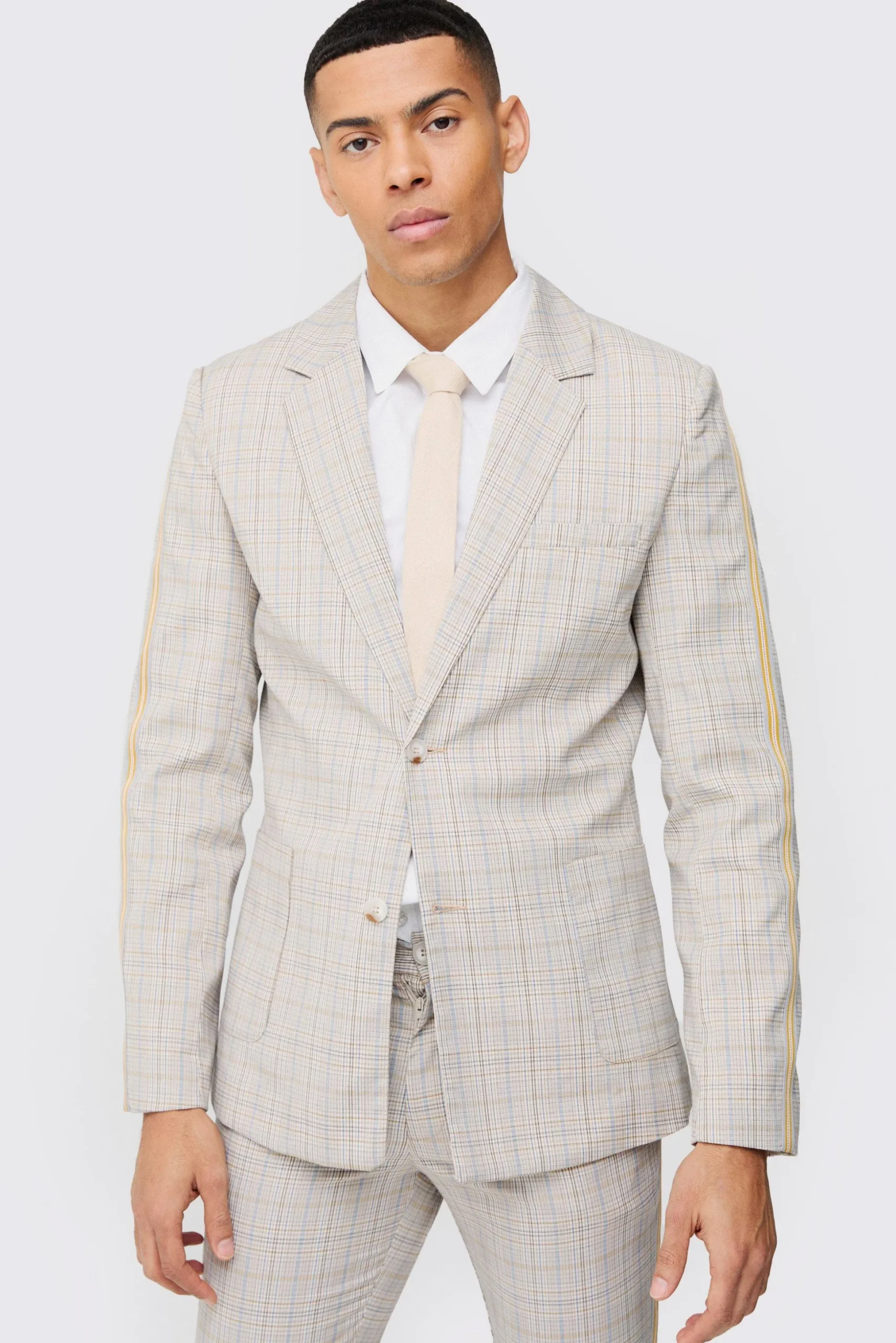 Slim Single Breasted Check Blazer | BoohooMAN UK