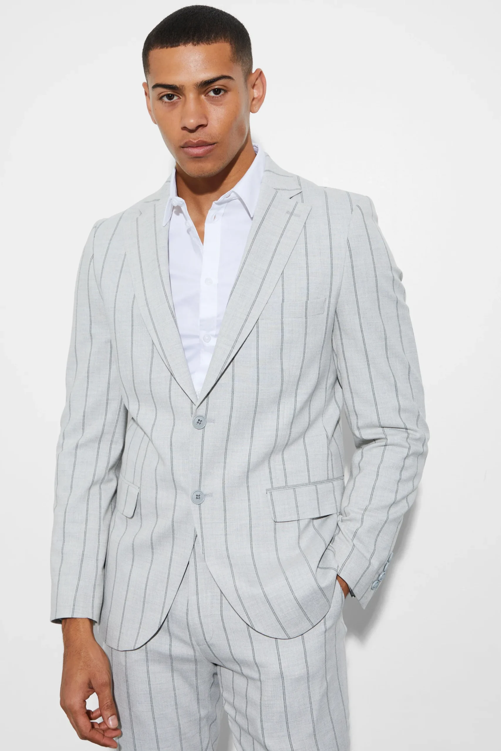 Slim Single Breasted Striped Suit Jacket | BoohooMAN UK