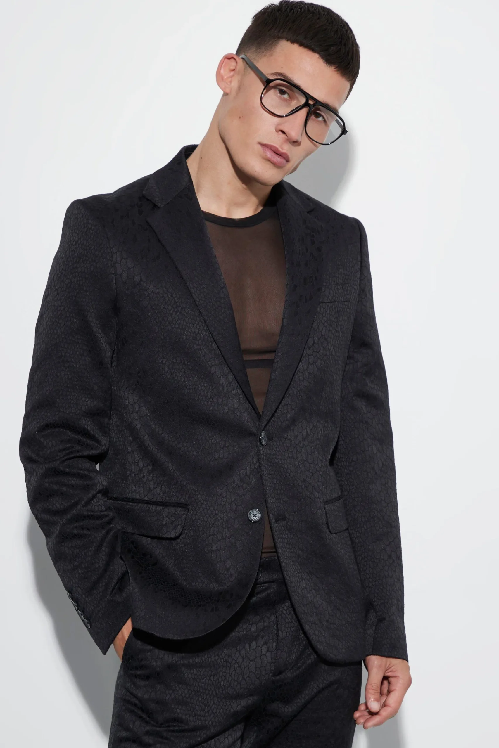 Slim Snake Jacquard Suit Jacket | BoohooMAN UK