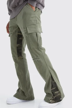Slim Stacked Flare Camo Gusset Rip And Repair Trouser | BoohooMAN UK