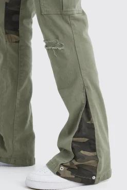 Slim Stacked Flare Camo Gusset Rip And Repair Trouser | BoohooMAN UK