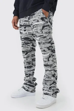 Slim Stacked Flare Heavily Distressed Camo Trouser | BoohooMAN UK