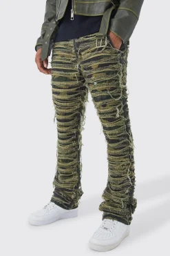 Slim Stacked Flare Heavily Distressed Camo Trouser | BoohooMAN UK