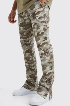 Slim Stacked Ripstop Split Hem Cargo Camo Trouser | BoohooMAN UK