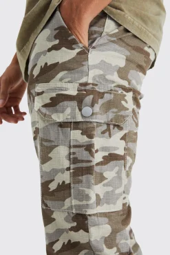 Slim Stacked Ripstop Split Hem Cargo Camo Trouser | BoohooMAN UK