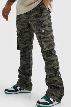 Slim Stacked Zip Gusset Cargo Camo Ripstop Trouser | BoohooMAN UK
