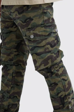 Slim Stacked Zip Gusset Cargo Camo Ripstop Trouser | BoohooMAN UK