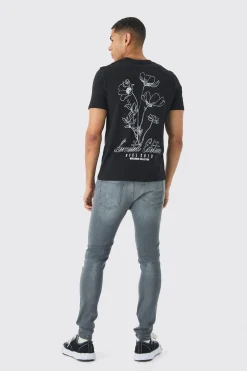 Slim Stencil Floral Back Printed T-Shirt | BoohooMAN UK