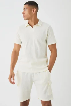 Slim Waffle Revere Polo And Cargo Shorts Set | BoohooMAN UK