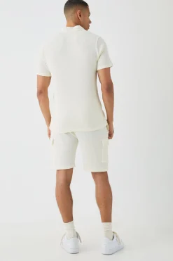 Slim Waffle Revere Polo And Cargo Shorts Set | BoohooMAN UK