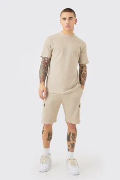 Slim Waffle T-shirt & Cargo Short Set | BoohooMAN UK