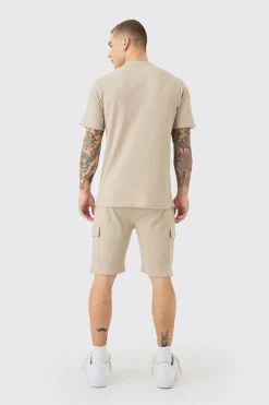 Slim Waffle T-shirt & Cargo Short Set | BoohooMAN UK