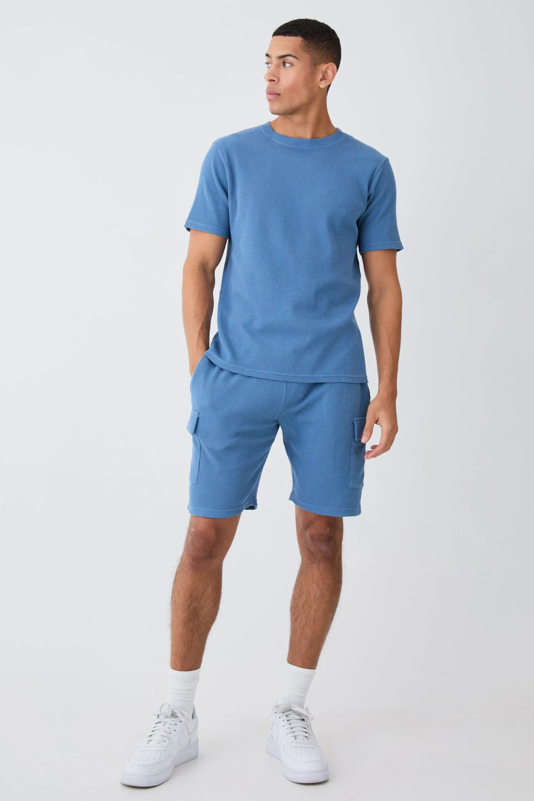 Slim Waffle T-shirt & Cargo Short Set | BoohooMAN UK