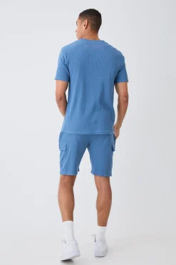Slim Waffle T-shirt & Cargo Short Set | BoohooMAN UK