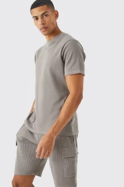 Slim Waffle T-shirt & Cargo Short Set | BoohooMAN UK