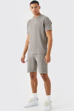 Slim Waffle T-shirt & Cargo Short Set | BoohooMAN UK