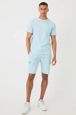 Slim Waffle T-shirt & Cargo Short Set | BoohooMAN UK