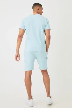 Slim Waffle T-shirt & Cargo Short Set | BoohooMAN UK
