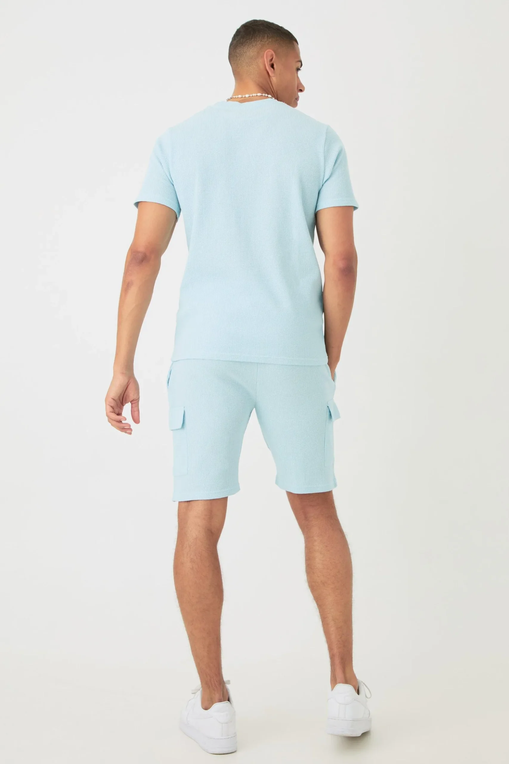 Slim Waffle T-shirt & Cargo Short Set | BoohooMAN UK