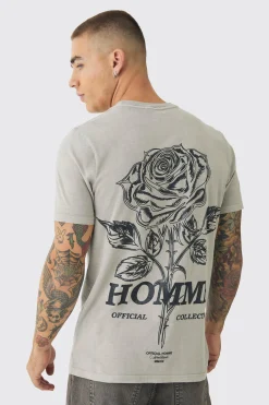 Slim Washed Floral Back Print T-Shirt | BoohooMAN UK