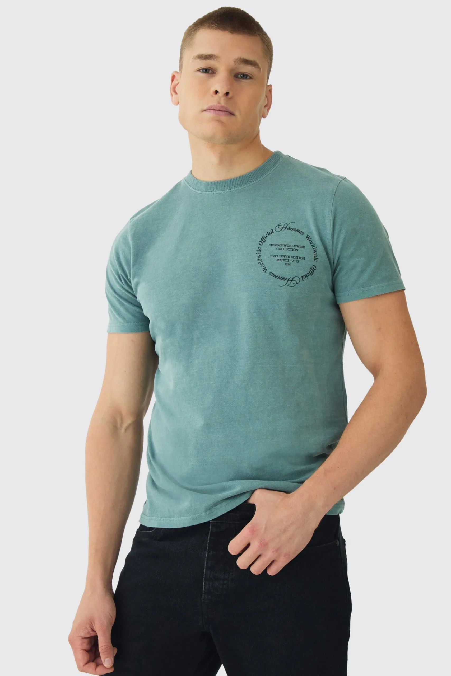 Slim Washed Worldwide Print T-Shirt | BoohooMAN UK