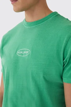 Slim Worldwide Chest Wash Embroidered T-Shirt | BoohooMAN UK