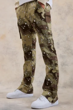 Slim Zip Flare Gusset Multi Cargo Camo Trouser | BoohooMAN UK
