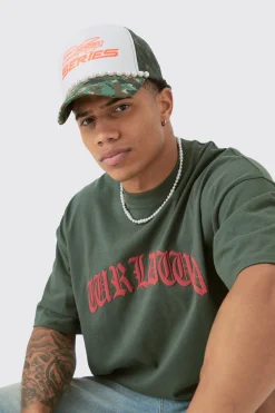 Slogan Foam Front Trucker Camo Cap With Pearl Detail In Khaki | BoohooMAN UK