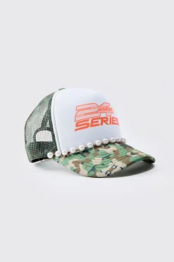 Slogan Foam Front Trucker Camo Cap With Pearl Detail In Khaki | BoohooMAN UK