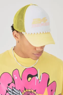 Slogan Foam Front Trucker Cap With Pearl Detail In Pastel Yellow | BoohooMAN UK