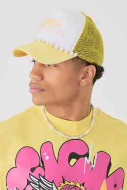 Slogan Foam Front Trucker Cap With Pearl Detail In Pastel Yellow | BoohooMAN UK