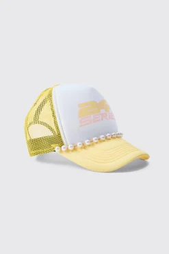 Slogan Foam Front Trucker Cap With Pearl Detail In Pastel Yellow | BoohooMAN UK