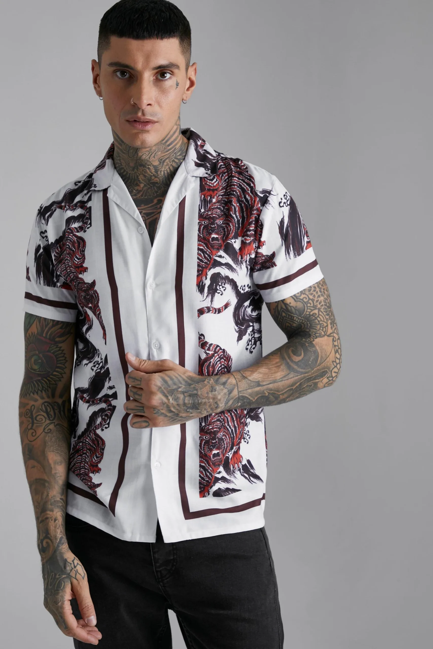 Slub Texture Tiger Print Shirt | BoohooMAN UK