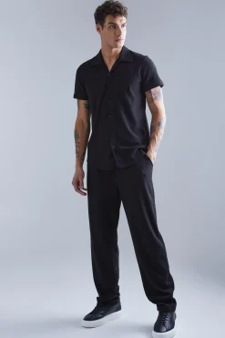 Smart Revere Open Texture Shirt And Trouser Set | BoohooMAN UK