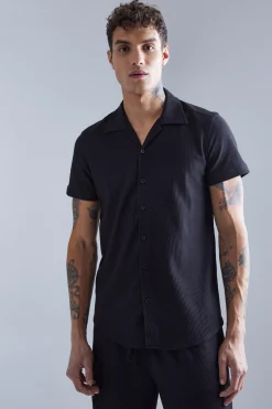 Smart Revere Open Texture Shirt And Trouser Set | BoohooMAN UK