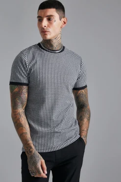 Smart Slim Dogtooth Jacquard Ringer T-shirt | BoohooMAN UK