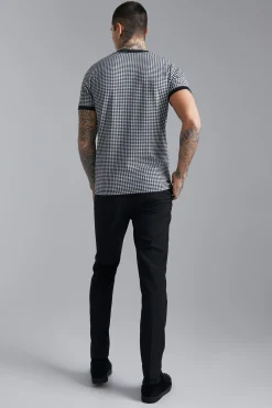 Smart Slim Dogtooth Jacquard Ringer T-shirt | BoohooMAN UK