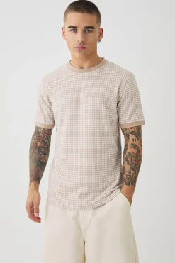 Smart Slim Dogtooth Jacquard Ringer T-shirt | BoohooMAN UK