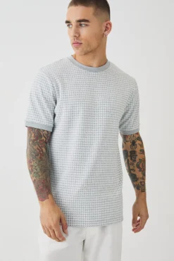 Smart Slim Dogtooth Jacquard Ringer T-shirt | BoohooMAN UK