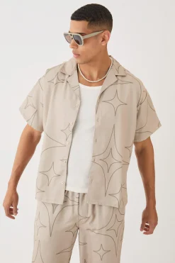 Soft Twill Boxy Tonal Star Print Shirt & Trouser Set | BoohooMAN UK