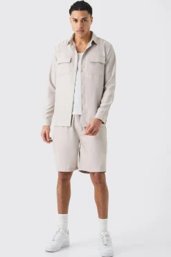 Soft Twill Overshirt And Short Set | BoohooMAN UK