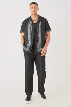 Soft Twill Oversized Border Shirt & Trouser Set | BoohooMAN UK
