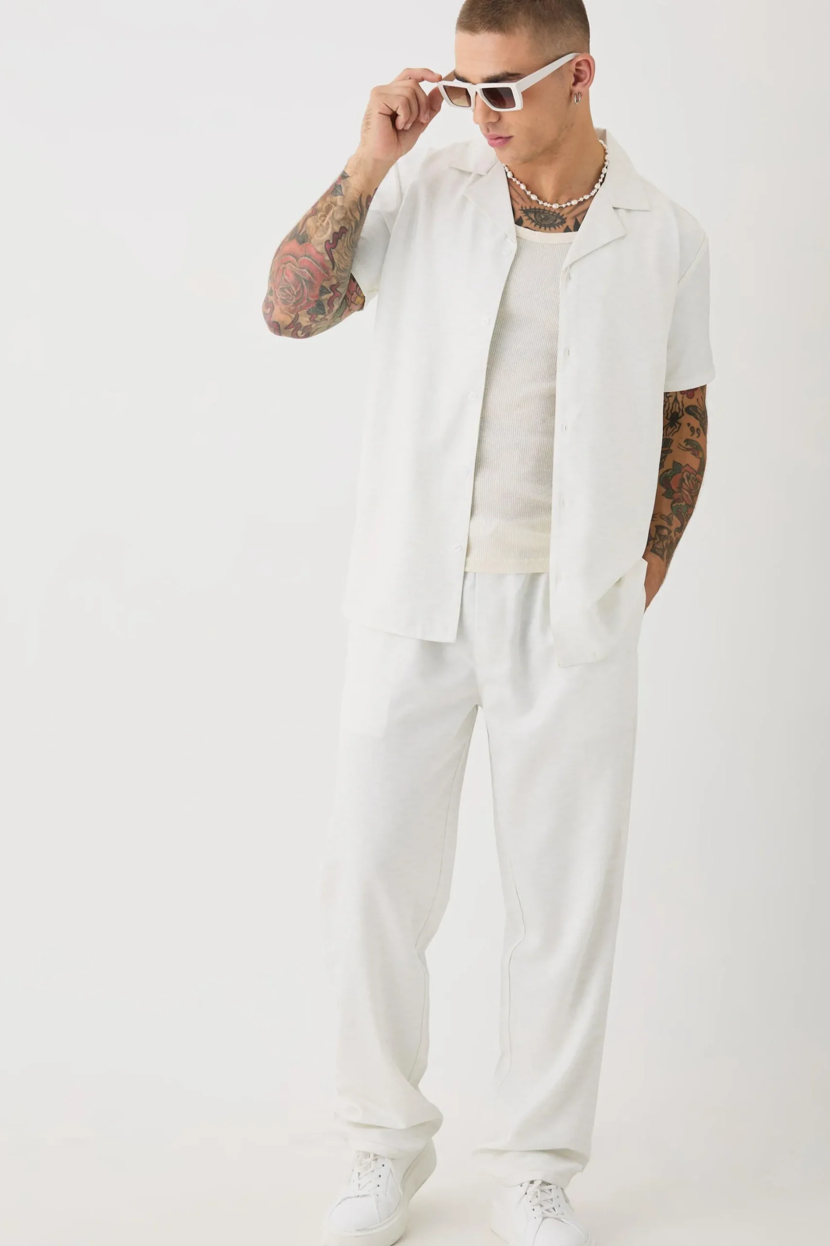 Soft Twill Tonal Monogram Shirt & Trouser Set | BoohooMAN UK