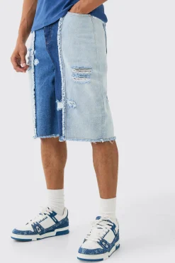 Spliced Distressed Denim Jorts In Blue | BoohooMAN UK