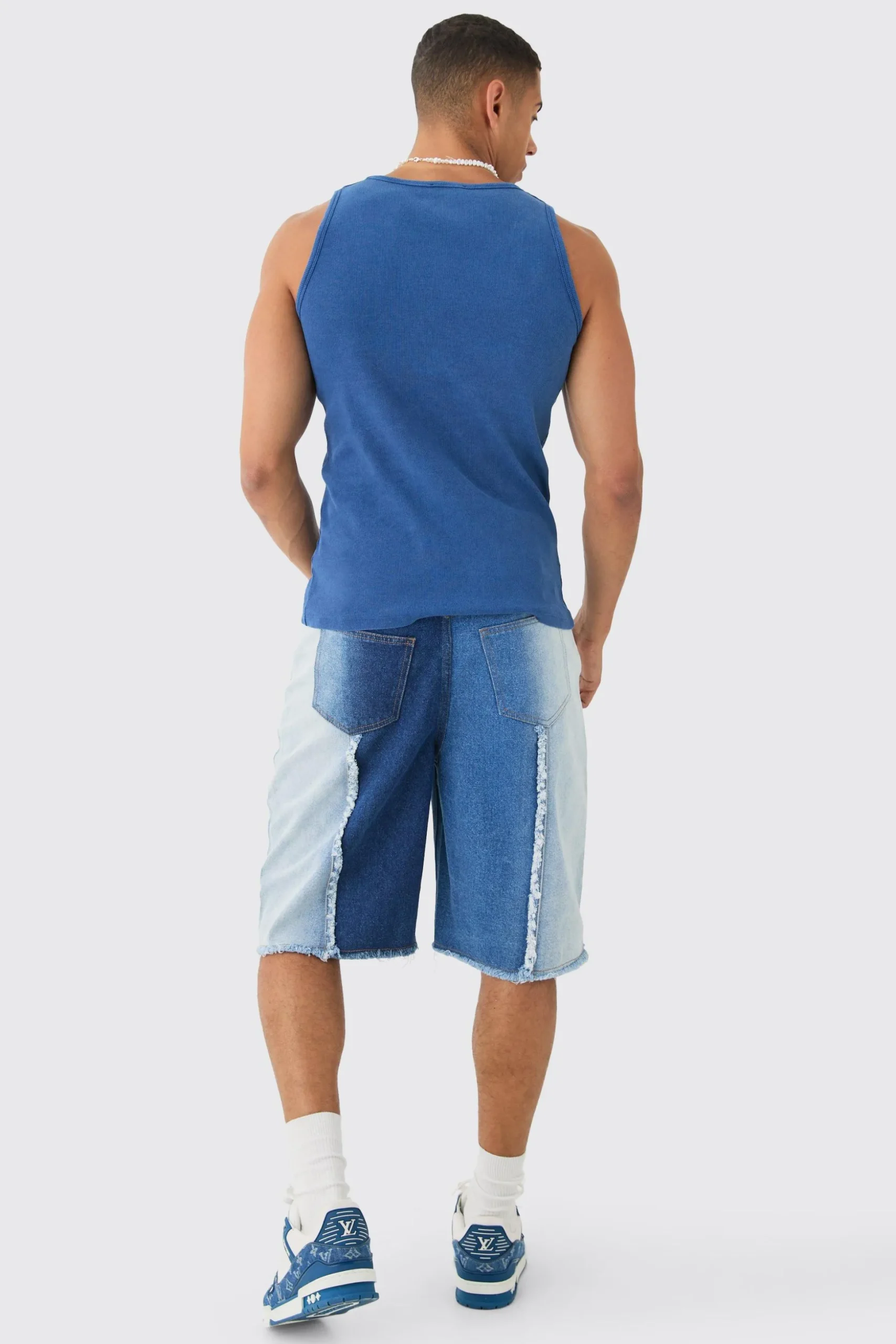 Spliced Distressed Denim Jorts In Blue | BoohooMAN UK